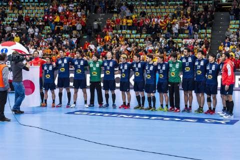 Munich Germany 11 January 2019 World Cup 2019 Men Group B Japan vs Macedonia the Team of Japan at the National Anthem Munich Olympic Hall Bayern Germany