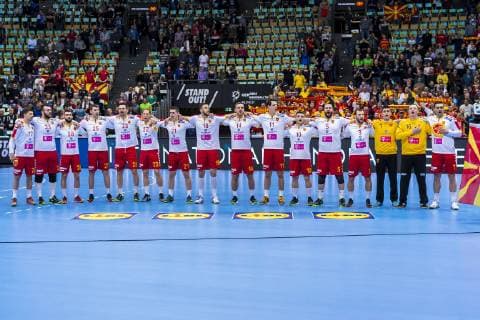 Munich Germany 11 January 2019 World Cup 2019 Men Group B Japan vs Macedonia the team of Macedonia at the national anthem Munich Olympic Hall Bayern Germany