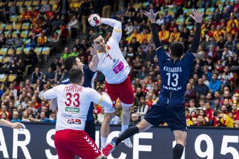 Munich Germany 11 January 2019 World Cup 2019 Men Group B Japan vs Macedonia v left Zharko Peshevski Macedonia Kiril Lazarov Macedonia Kenya Kasahara Japan Munich Olympic Hall Bavaria Germany