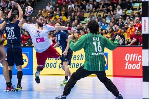 Munich Germany 11 January 2019 World Cup 2019 Men Group B Japan vs Macedonia vs. Jin Watanabe Japan Stojanche Stoilov Macedonia Akihito Kai Japan Munich Olympic Hall Bayern Germany