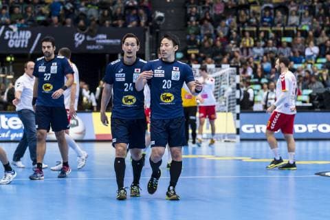 Munich Germany 11 January 2019 World Cup 2019 Men Group B Japan vs Macedonia v li Hiroyasu Tamakawa Japan Hiroki Shida Japan Jin Watanabe Japan Munich Olympic Hall Bayern Germany