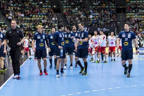 Munich Germany 11 January 2019 World Cup 2019 Men Group B Japan vs. Macedonia the team of Japan dissatisfied disappointed disappointed defeated frustrated Munich Olympic Hall Bayern Germany