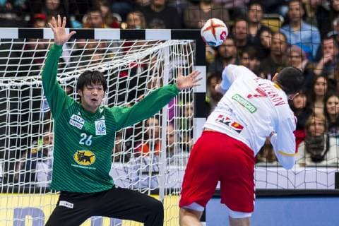 Munich Germany 11 January 2019 World Cup 2019 Men Group B Japan vs Macedonia v li Yuki Kubo Japan Kiril Lazarov Macedonia Munich Olympic Hall Bayern Germany