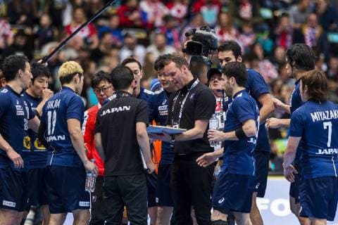 Munich Germany 11 January 2019 World Cup 2019 Men Group B Japan vs Macedonia Coach Dagur Sigurdsson Japan on time-out Munich Olympic Hall Bayern Germany