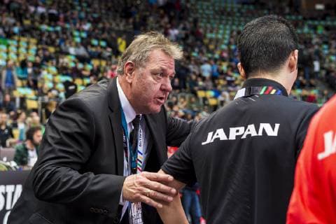 Munich Germany 11 January 2019 World Cup 2019 Men Group B Japan vs Macedonia v left Thomas Otto von den Füchse Berlin is in charge of Team Japan Munich Olympic Hall Bayern Germany