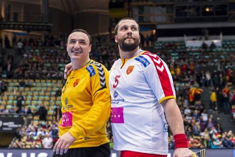 Munich Germany 11 January 2019 World Cup 2019 Men Group B Japan vs Macedonia v li Goalkeeper Borko Ristovski Macedonia Stojanche Stoilov Macedonia Munich Olympic Hall Bayern Germany