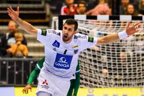 190111 Janko Bozovic of Austria celebrates during the 2019 IHF World Championship match between Saudi Arabia and Austria on January 11 2019 in Herning Photo Jon Olav Nesvold BILDBYR u0081N kod JE 160393, detectedSourceLanguage  Copyright: JONxOLAVxNESVOLD BB190111JE051