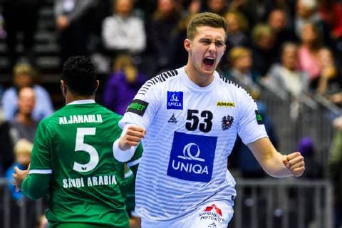 190111 Mykola Bilyk of Austria celebrates during the 2019 IHF World Championship match between Saudi Arabia and Austria on January 11 2019 in Herning Photo Jon Olav Nesvold BILDBYR u0081N kod JE 160393, detectedSourceLanguage  Copyright: JONxOLAVxNESVOLD BB190111JE052