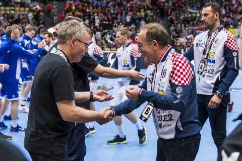 Munich Germany 11 January 2019 World Cup 2019 Men Group B Iceland vs Croatia v li Coach Gudmundur Gudmundsson Iceland Coach Lino Cervar Croatia Munich Olympic Hall Bayern Germany