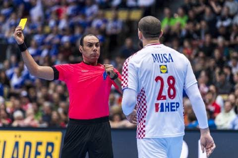 Munich Germany 11 January 2019 World Cup 2019 Men Group B Iceland vs Croatia Zeljko Musa Croatia SC Magdeburg receives yellow card from referee Munich Olympic Hall Bayern Germany