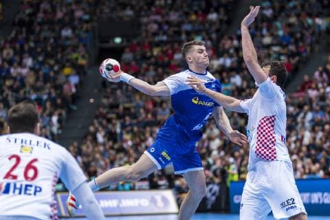 Munich Germany 11 January 2019 World Cup 2019 Men Group B Island vs Croatia v li Manuel Strlek Croatia Elvar Orn Jonsson Island Domagoj Duvnjak Croatia THW Kiel Munich Olympic Hall Bavaria Germany