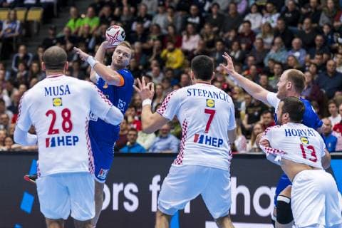 Munich Germany 11 January 2019 World Cup 2019 Men Group B Island vs Croatia v li Zeljko Musa Croatia SC Magdeburg Aron Palmarsson Island Luka Stepancic Croatia Zlatko Horvat Croatia Arnar Arnarsson Island Muenchen Olympiahalle Bayern Germany
