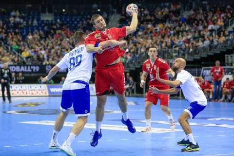 Germany Berlin Mercedes Benz Arena IHF Mens Handball World Championship Serbia Milos Obrovic SRB Russia 89 Dmitry Zhitnikov RUS