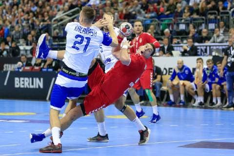 Germany Berlin Mercedes Benz Arena IHF Mens Handball World Championship Serbia 33 Mijajlo Marsenic SRB Russia Gleb Kalarash RUS