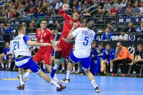 Germany Berlin Mercedes Benz Arena IHF Mens Handball World Championship Serbia Stefan Vujic SRB Russia Gleb Kalarash Dimitri Kiselev RUS