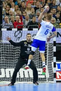 Germany Berlin Mercedes Benz Arena IHF Mens Handball World Championship Serbia 76 Vladimir Cupara SRB Russia Daniil Shishkarev RUS