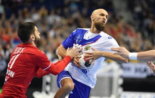 Timir Dibirov Russia with ball left Vanja Ilic Serbia Serbia Russia Russia Federation IHF Handball World Championship 2019 Hanball World Championship 2019 Men Men Men Men Handball Germany Germany Preliminary Round Group A group A Berlin 11 1 2019