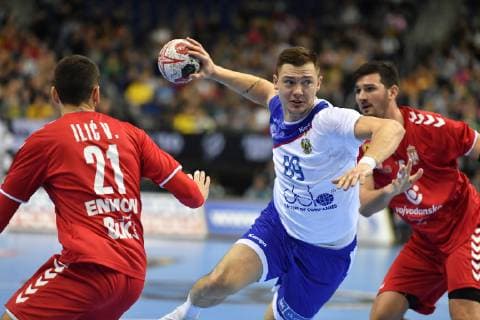 Dmitriy Zhitnikov Russia in litter rightDmitrij Keselev left Vanja Ilic Serbia Serbia Russia Serbia Russia Federation IHF Handball World Championship 2019 Hanball World Championship 2019 Men Men Men Handball Germany Germany Germany Preliminary Round Group A group A Berlin 11 1 2019