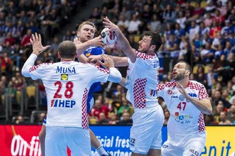 Munich Germany 11 January 2019 World Cup 2019 Men Group B Island vs Croatia v li Zeljko Musa Croatia SC Magdeburg Aron Palmarsson Island Domagoj Duvnjak Croatia THW Kiel Munich Olympic Hall Bayern Germany