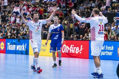 Munich Germany 11 January 2019 World Cup 2019 Men Group B Island vs Croatia v li Domagoj Duvnjak Croatia THW Kiel Aron Palmarsson Island Zeljko Musa Croatia SC Magdeburg Munich Olympic Hall Bavaria Germany
