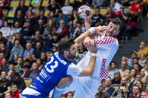 Munich Germany 11 January 2019 World Cup 2019 Men Group B Island vs Croatia v left in duel Olafur Gustafsson Island Domagoj Duvnjak Croatia THW Kiel Munich Olympic Hall Bayern Germany