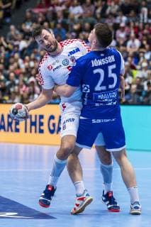 Munich Germany 11 January 2019 World Cup 2019 Men Group B Island vs Croatia v li Domagoj Duvnjak Croatia THW Kiel Elvar Orn Jonsson Island Munich Olympic Hall Bayern Germany