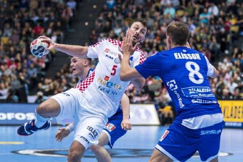 Munich Germany 11 January 2019 World Cup 2019 Men Group B Island vs Croatia v li Domagoj Duvnjak Croatia THW Kiel Bjarki Elisson Island Munich Olympic Hall Bayern Germany