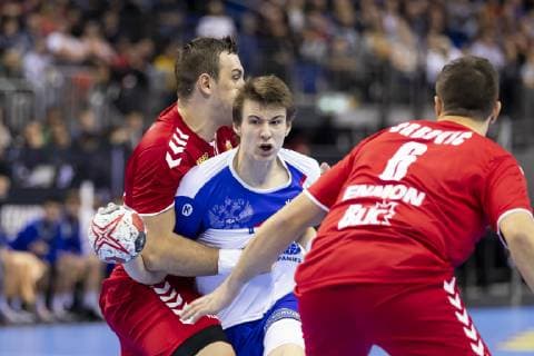 Sergei Mark Kosorotov No 99 Russia vs. Milan Pusica No 2 Serbia and Milos Orbovic No 6 Serbia Serbia vs Russia Preliminary round Handball IHF Handball World Championship 11 01 19 Berlin Berlin Germany Mercedes Benz Arena Copyright: xAgentur54Gradx xFelixxKoenigx