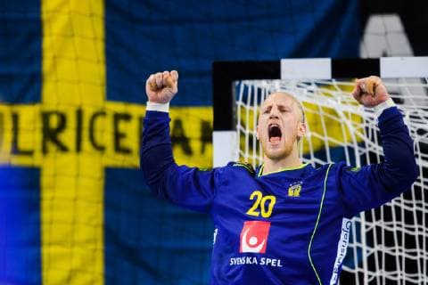 190111 Goalkeeper Mikael Appelgren of Sweden celebrates during the IHF World Handball Championship match between Egypt and Sweden on January 11 2019 in Copenhagen Photo Ludvig Thunman BILDBYR u0081N kod LT 35574, detectedSourceLanguage  Copyright: LUDVIGxTHUNMAN BB190111LT057