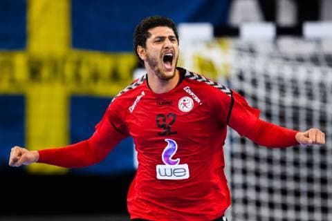 190111 Karim Abdelrahim of Egypt celebrates during the IHF World Handball Championship match between Egypt and Sweden on January 11 2019 in Copenhagen Photo Ludvig Thunman BILDBYR u0081N kod LT 35574, detectedSourceLanguage  Copyright: LUDVIGxTHUNMAN BB190111LT063