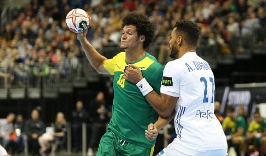 SANTOS Thiagus Petrus Brazil vs. DIPANDA Adrien France at the match Brazil vs. France of the mens handball World Championship 2019 on 11 01 2019 in the Mercedes Benz Arena in Berlin Handball World Championship 2019 Group A Brazil France
