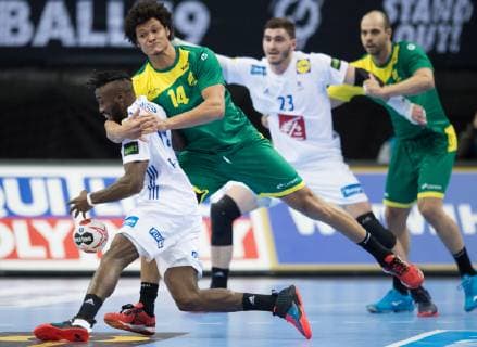 vl Luc Abalo 19 FRA Thiagus Petrus Santos 14 BRA preliminary round match Group A Brazil France at the Mercedes Benz Arena in Berlin Germany on 11 01 2019 IHF Handball World Championship of Men in Germany and Denmark 2019