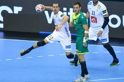 Germany Berlin Mercedes Benz Arena IHF Mens Handball World Championship France Michael Guigou FRA Brazil Rudolph Hackbarth BRA