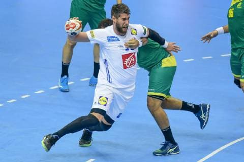 Germany Berlin Mercedes Benz Arena IHF Mens Handball World Championship France Luka Karabatic FRA Brazil Vinicius Teixeira BRA