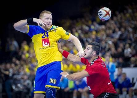 Jim Gottfridsson of Sweden and Yehia Elderaa of Egypt during the men s IHF Handball World Championship match in Group D between Sweden Egypt in Copenhagen Denmark on Friday Jan 11 2019 Copenhagen Denmark, detectedSourceLanguage  Copyright: Scanpix LiselottexSabroex COP102 spdk20190111-212539-L