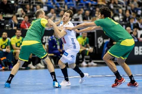 Germany vs Korea Handball World Championship 2019 10 01 2019 l r Henrique Teixeira BRA 2 Kentin Mahe FRA 14 and Thiagus Petrus Santos BRA 14 at the match between Brazil and France at the Handball World Championship in Berlin on 11 01 2019 Berlin BER Germany Mercedes Benz Arena