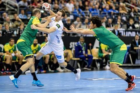Germany vs Korea Handball World Championship 2019 10 01 2019 l r Henrique Teixeira BRA 2 Kentin Mahe FRA 14 and Thiagus Petrus Santos BRA 14 at the match between Brazil and France at the Handball World Championship in Berlin on 11 01 2019 Berlin BER Germany Mercedes Benz Arena