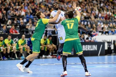 Germany vs Korea Handball World Championship 2019 10 01 2019 l r Haniel Langaro BRA 37 Dika Mem FRA 10 and Alexandro Pozzer BRA 17 at the match between Brazil and France at the Handball World Championship in Berlin on 11 01 2019 Berlin BER Germany Mercedes Benz Arena
