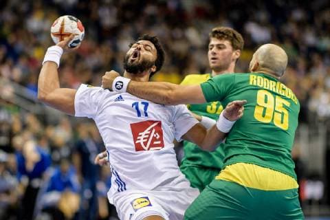 Germany vs Korea Handball World Championship 2019 10 01 2019 l r Timothey n Guessan FRA 17 Haniel Langaro BRA 37 and Gustavo Rodrigues BRA 95 at the match between Brazil and France at the Handball World Championship in Berlin on 11 01 2019 Berlin BER Germany Mercedes Benz Arena