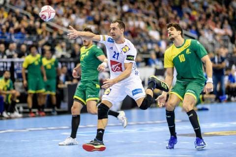 Germany vs Korea Handball World Championship 2019 10 01 2019 Michael Guigou FRA 21 with a goal throw against Jose Toledo BRA 10 at the match between Brazil and France at the Handball World Championship in Berlin on 11 01 2019 Berlin BER Germany Mercedes Benz Arena
