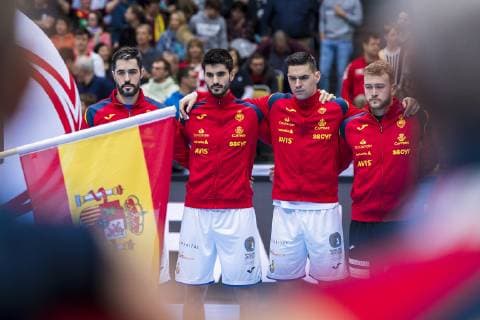 Munich Germany 11 January 2019 World Cup 2019 Men Group B Bahrain vs Spain the team of Spain at the national anthem Munich Olympic Hall Bayern Germany