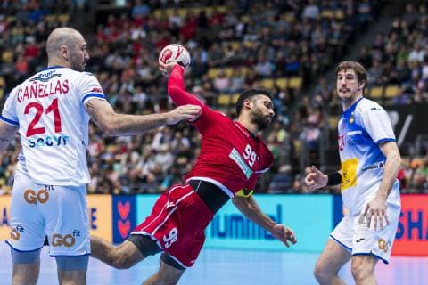 Munich Germany 11 January 2019 World Cup 2019 Men Group B Bahrain vs Spain vs Joan Canellas Spain Husain Alsayyad Bahrain Viran Morros de Argila Spain Munich Olympic Hall Bayern Germany