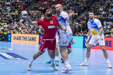 Munich Germany 11 January 2019 World Cup 2019 Men Group B Bahrain vs Spain vs Mohamed Merza Bahrain Joan Canellas Spain Gedeon Guardiola Spain Rhine Neckar Loewen Munich Olympic Hall Bavaria Germany