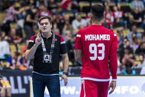 Munich Germany 11 January 2019 World Cup 2019 Men Group B Bahrain vs Spain vs li Coach Aron Krist Jansson Bahrain Mohamed Habib Bahrain Munich Olympic Hall Bayern Germany