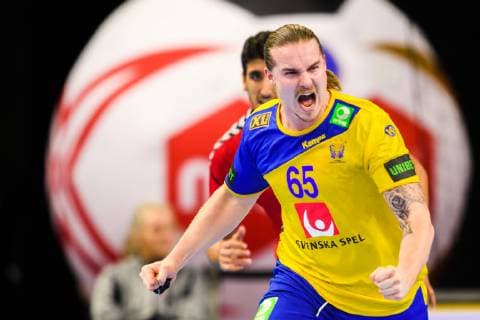 190111 Lukas Nilsson of Sweden celebrates during the IHF World Handball Championship match between Egypt and Sweden on January 11 2019 in Copenhagen Photo Ludvig Thunman BILDBYR u0081N kod LT 35574, detectedSourceLanguage  Copyright: LUDVIGxTHUNMAN BB190111LT069