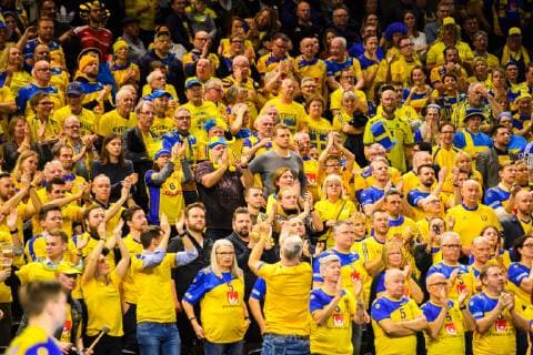 190111Supporters of Sweden during the IHF World Handball Championship match between Egypt and Sweden on January 11 2019 in Copenhagen Photo Ludvig Thunman BILDBYR u0081N kod LT 35574, detectedSourceLanguage  Copyright: LUDVIGxTHUNMAN BB190111LT077