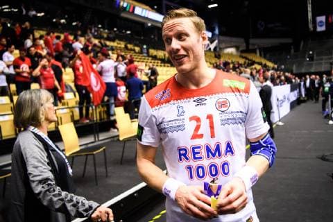 190111 Magnus Gullerud of Norway celebrates after the 2019 IHF World Championship match between Tunisia and Norway on January 11 2019 in Herning Photo Jon Olav Nesvold BILDBYR u0081N kod JE 160394, detectedSourceLanguage  Copyright: JONxOLAVxNESVOLD BB190111JE151