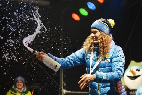 Award ceremony after the Biathlon World Cup womens sprint races 10 01 2019 and the mens sprint races 11 01 2019 Hanna Oeberg Öberg SWE celebrates her third place of the womens sprint at the award ceremony with a champagne shower Oberhof Thüringen Germany
