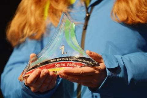 Award ceremony after the Biathlon World Cup Womens Sprint Races 10 01 2019 and the Mens Sprint Races 11 01 2019 Winners Cup for the winner of the Sprint Competition at the Biathlon World Cup in Oberhof Oberhof Thuringia Germany