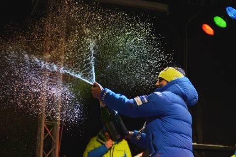 Award ceremony after the womens Biathlon World Cup sprint races 10 01 2019 and the mens sprint races 11 01 2019 Lisa Vittozzi ITA celebrates her first World Cup victory at the award ceremony with a champagne shower she sprays the champagne towards the spectators Oberhof Thuringia Germany